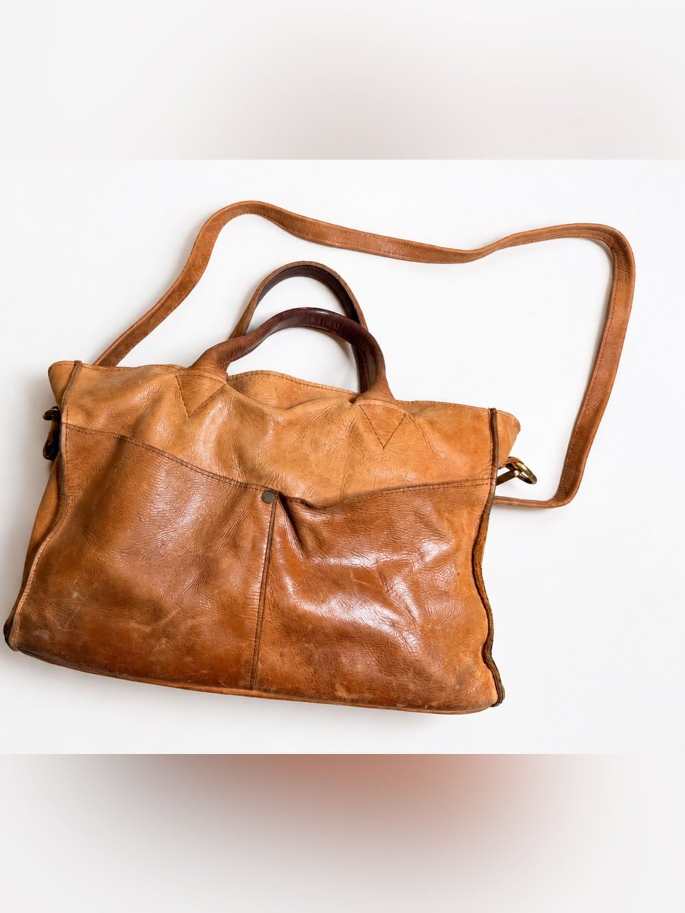 Raven + Lily Cognac Leather Shoulder Bag with Long hand Strap